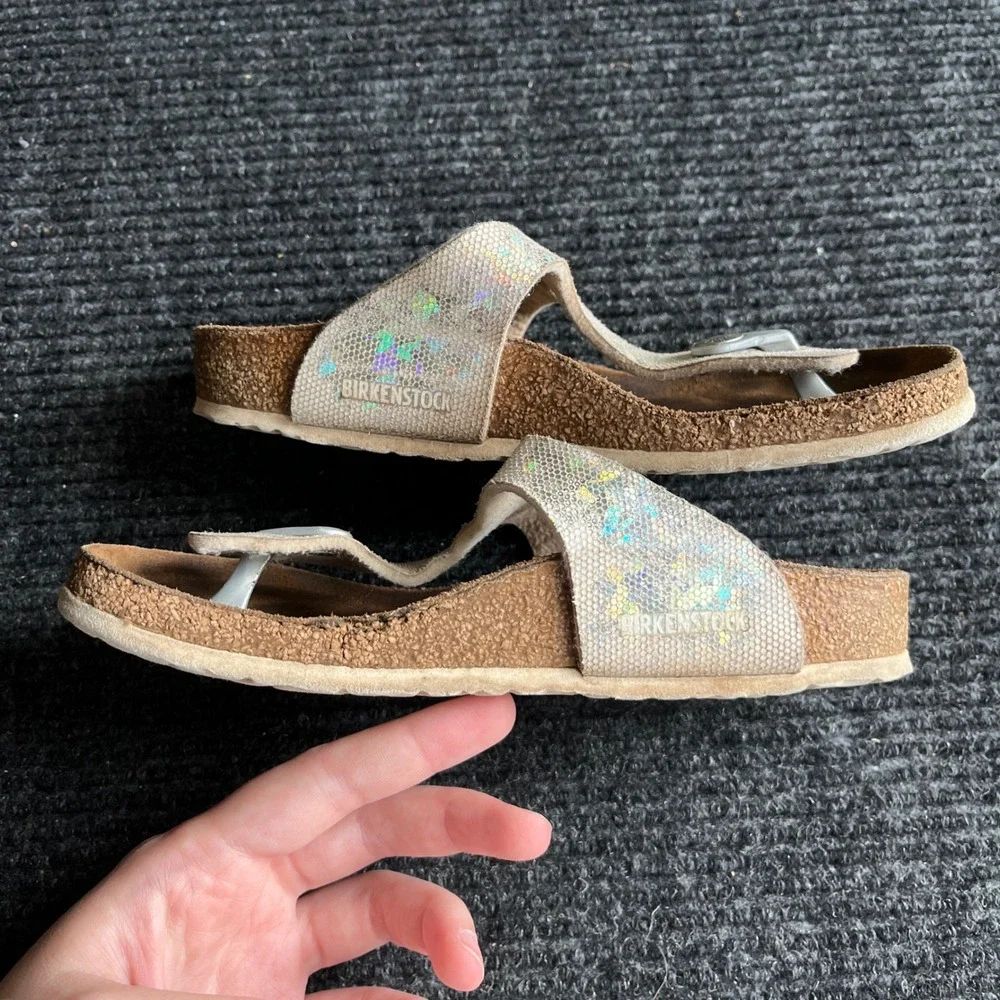 Birkenstock Gizeh Sandal Kids 32 Silver Holographic thong strap slide Glitter